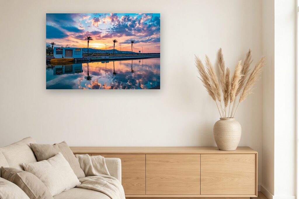 Leinwand Empuriabrava 13 als 120 x 80 cm Leinwand im Wohnzimmer