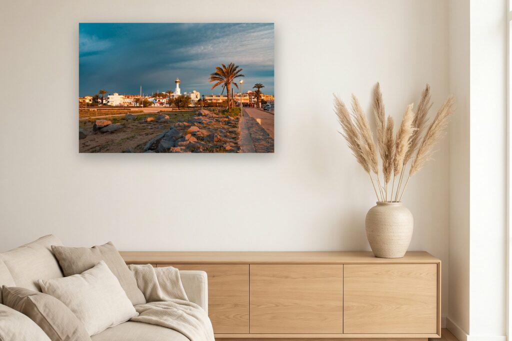 Leinwand Empuriabrava 17 als 120 x 80 cm Leinwand im Wohnzimmer