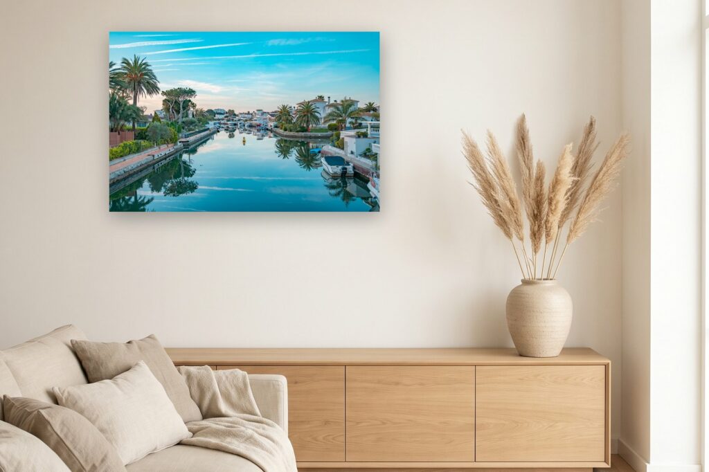 Leinwand Empuriabrava 2 als 120 x 80 cm Leinwand im Wohnzimmer