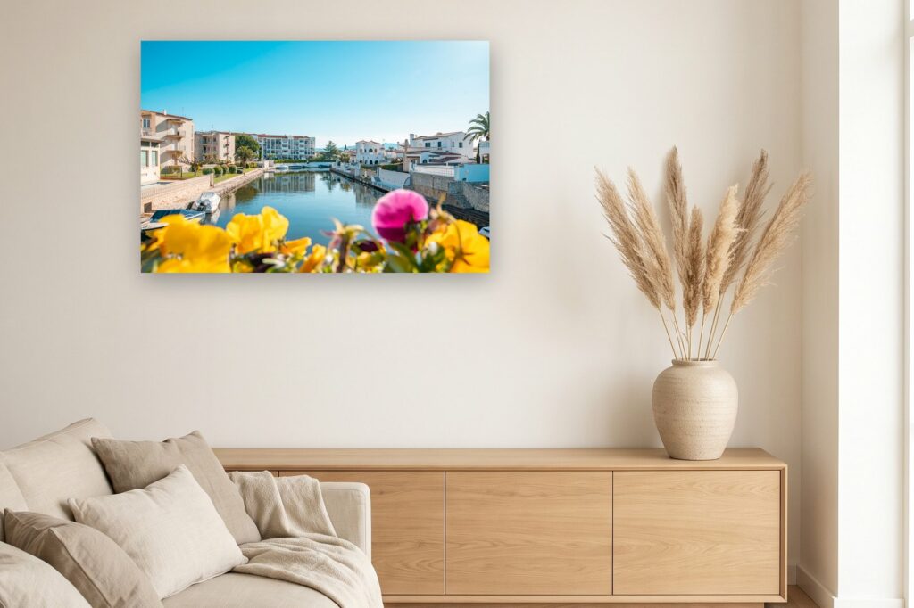 Leinwand Empuriabrava 22 als 120 x 80 cm Leinwand im Wohnzimmer