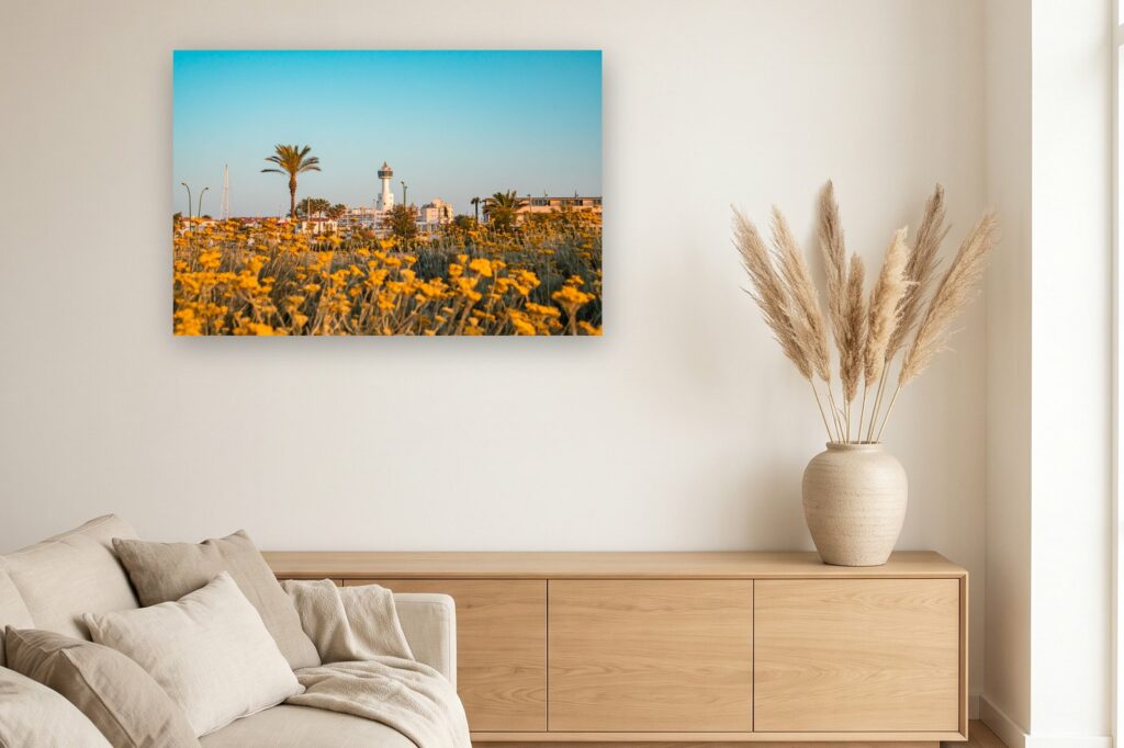 Leinwand Empuriabrava 4 als 120 x 80 cm Leinwand im Wohnzimmer