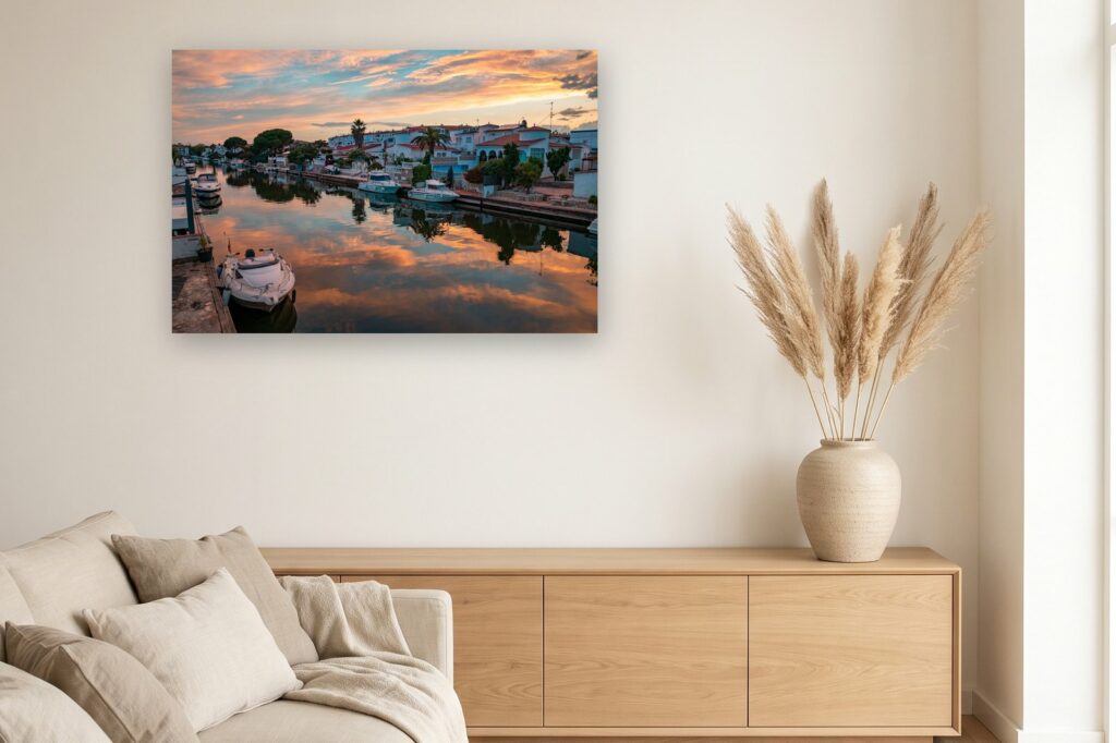 Leinwand Empuriabrava 6 als 120 x 80 cm Leinwand im Wohnzimmer