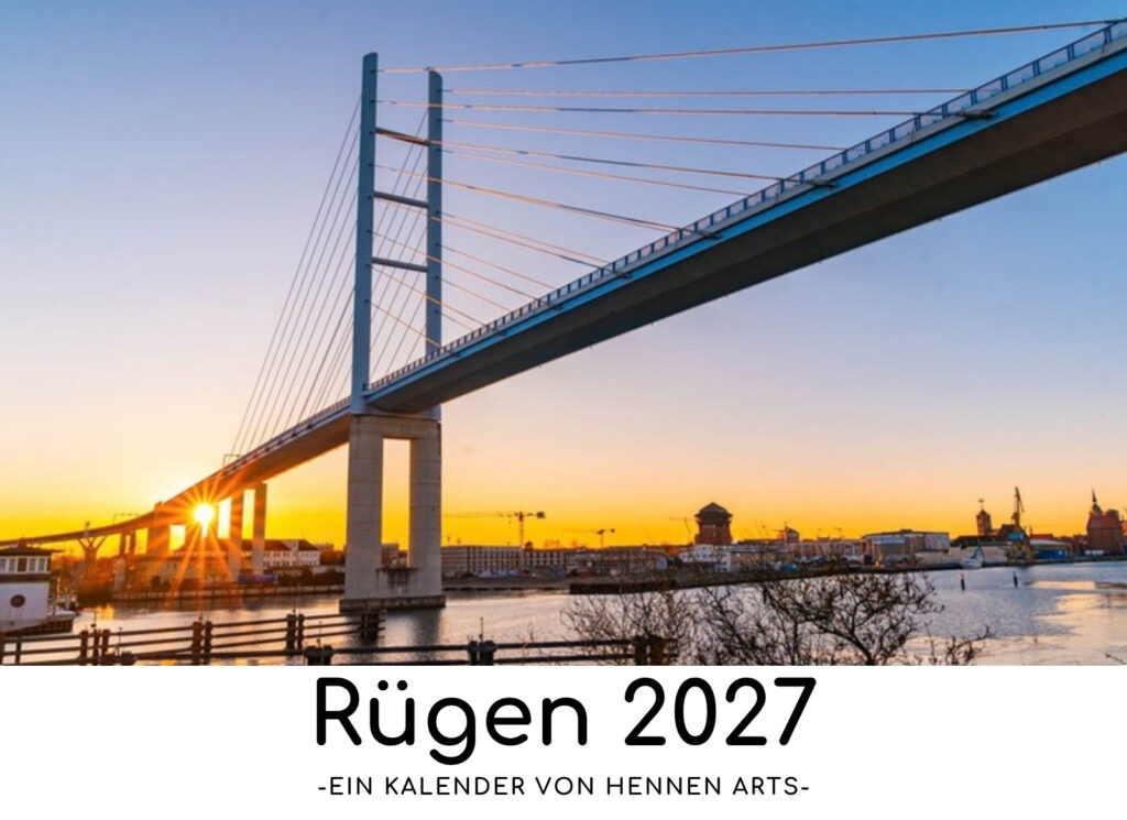 Rügen Kalender 2027, Titelblatt mit der Rügenbrücke im Sonnenuntergang