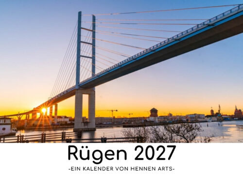 Rügen Kalender 2027, Titelblatt mit der Rügenbrücke im Sonnenuntergang