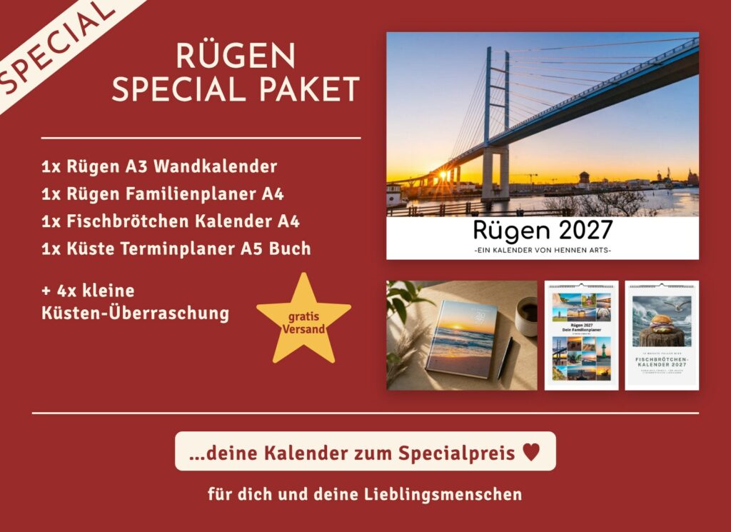 Rügen Special Paket 2027: Rügen Wandkalender, Rügen Familienplaner, Fischbrötchen Kalender, Terminplaner und 4 kleine Küsten-Überraschungen