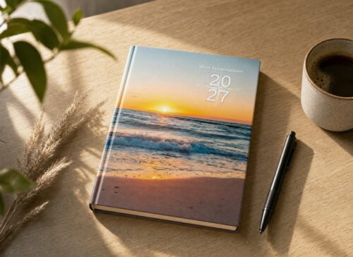 Terminplaner Küste 2027 von Hennen Arts, A5-Buch mit Sonnenuntergang am Meer auf dem Holztisch
