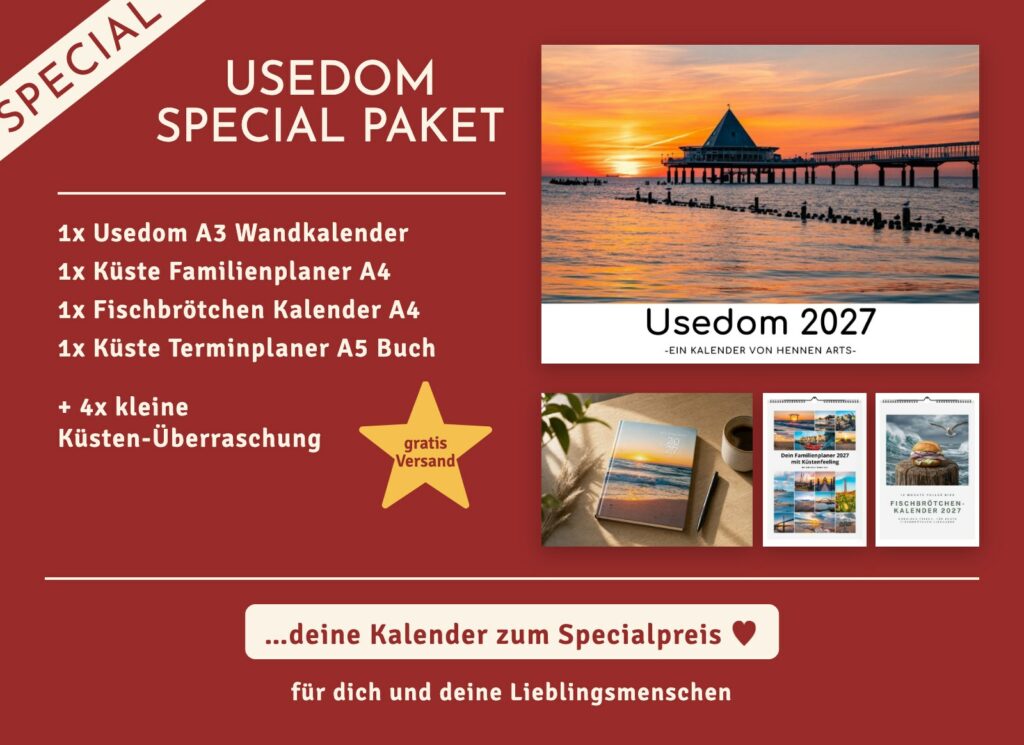 Usedom Special Paket 2027: Usedom Wandkalender, Familienplaner, Fischbrötchen Kalender, Terminplaner und 4 kleine Küsten-Überraschungen